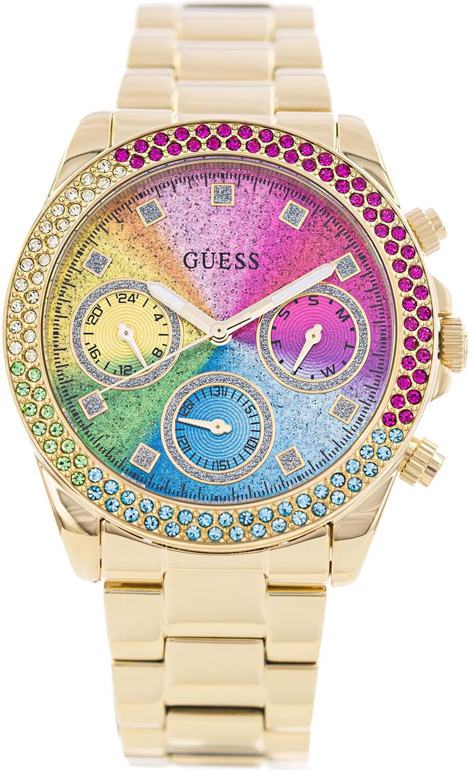 Guess Confetti Chronograph Rainbow Dial Gold Steel Strap Watch For Women  - GW0483L4
