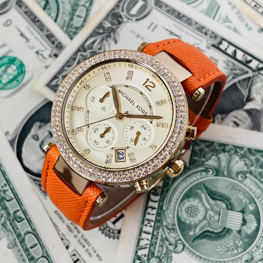  Shop Authentic Michael Kors Parker Champagne Dial Orange Leather Strap Watch for Women - MK2279 - Luxxuri