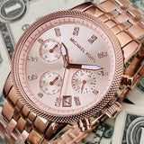  Shop Authentic Michael Kors Ritz Chronograph Rose Gold Dial Rose Gold Steel Strap Watch for Women - MK6077 - Luxxuri