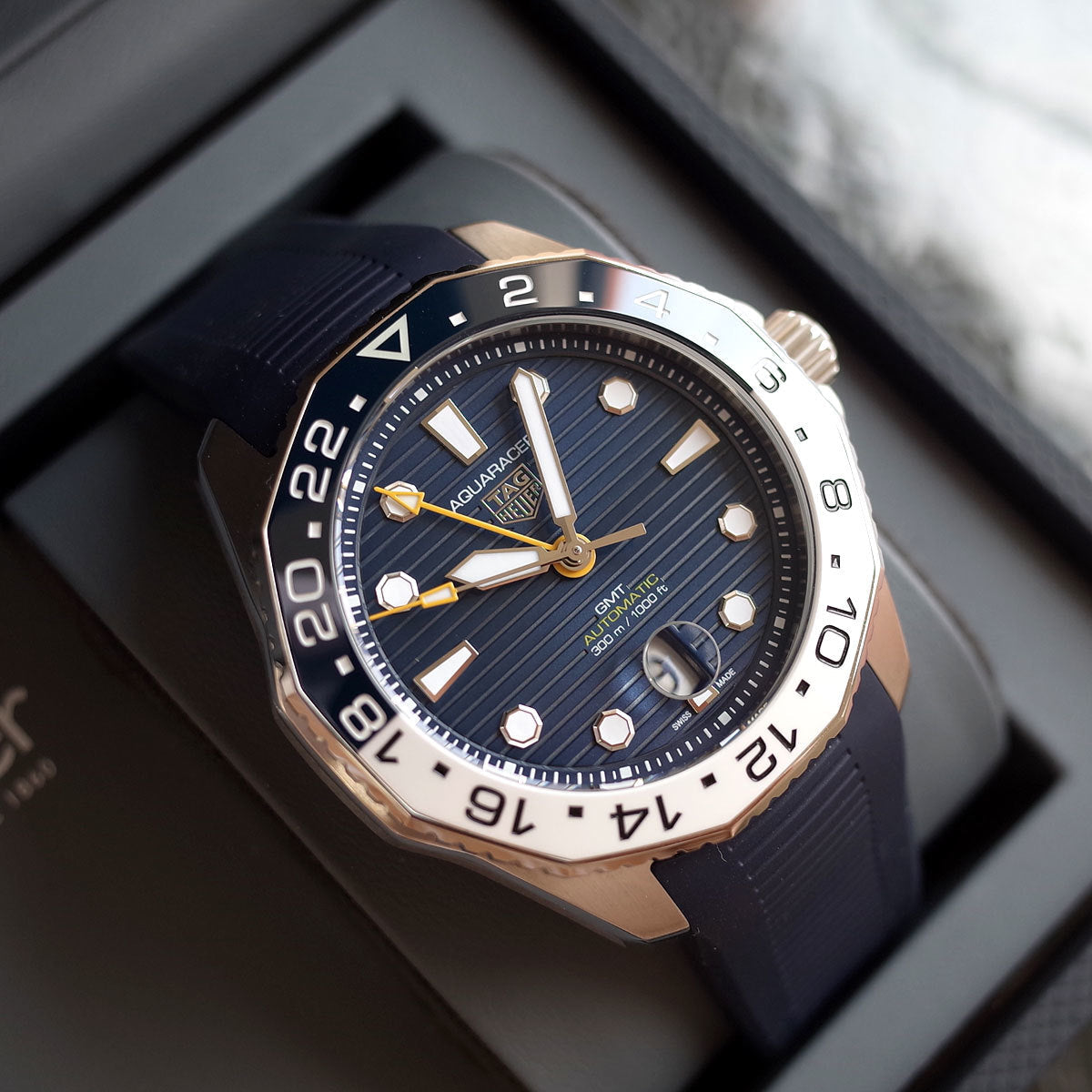  Shop Authentic Tag Heuer Aquaracer Professional 300 GMT Automatic Blue Dial Blue Rubber Strap Watch for Men - WBP2010.FT6198 - Luxxuri