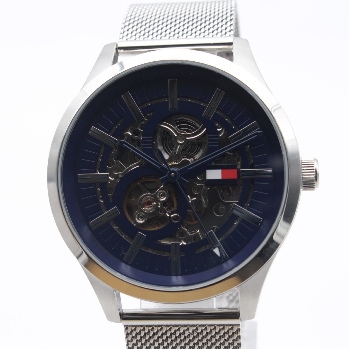  Shop Authentic Tommy Hilfiger Spencer Skeleton Black Dial Silver Mesh Bracelet Watch for Men - 1791643 - Luxxuri