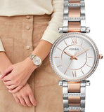  Shop Authentic Fossil Carlie Silver Dial Two Tone Steel Strap Watch for Women - ES4342 - Luxxuri