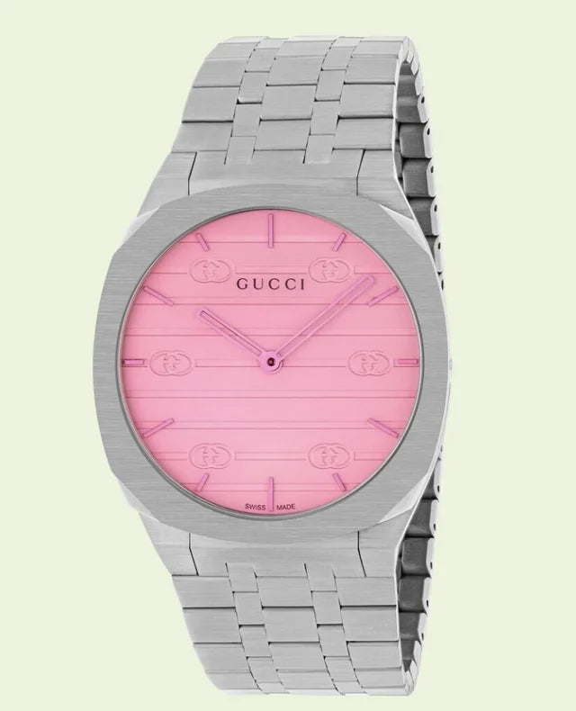  Shop Authentic Gucci 25H Quartz Pink Dial Silver Steel Strap Watch for Women - YA163410 - Luxxuri