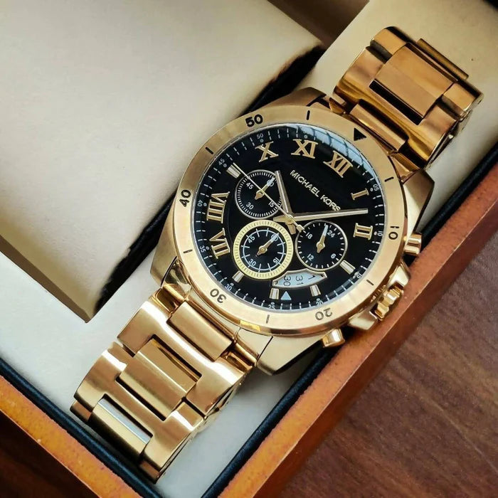  Shop Authentic Michael Kors Brecken Chronograph Quartz Black Dial Gold Steel Strap Watch For Men - MK8481 - Luxxuri