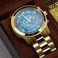  Shop Authentic Michael Kors Runway Stop Hunger Blue Dial Gold Steel Strap Watch for Men - MK8315 - Luxxuri