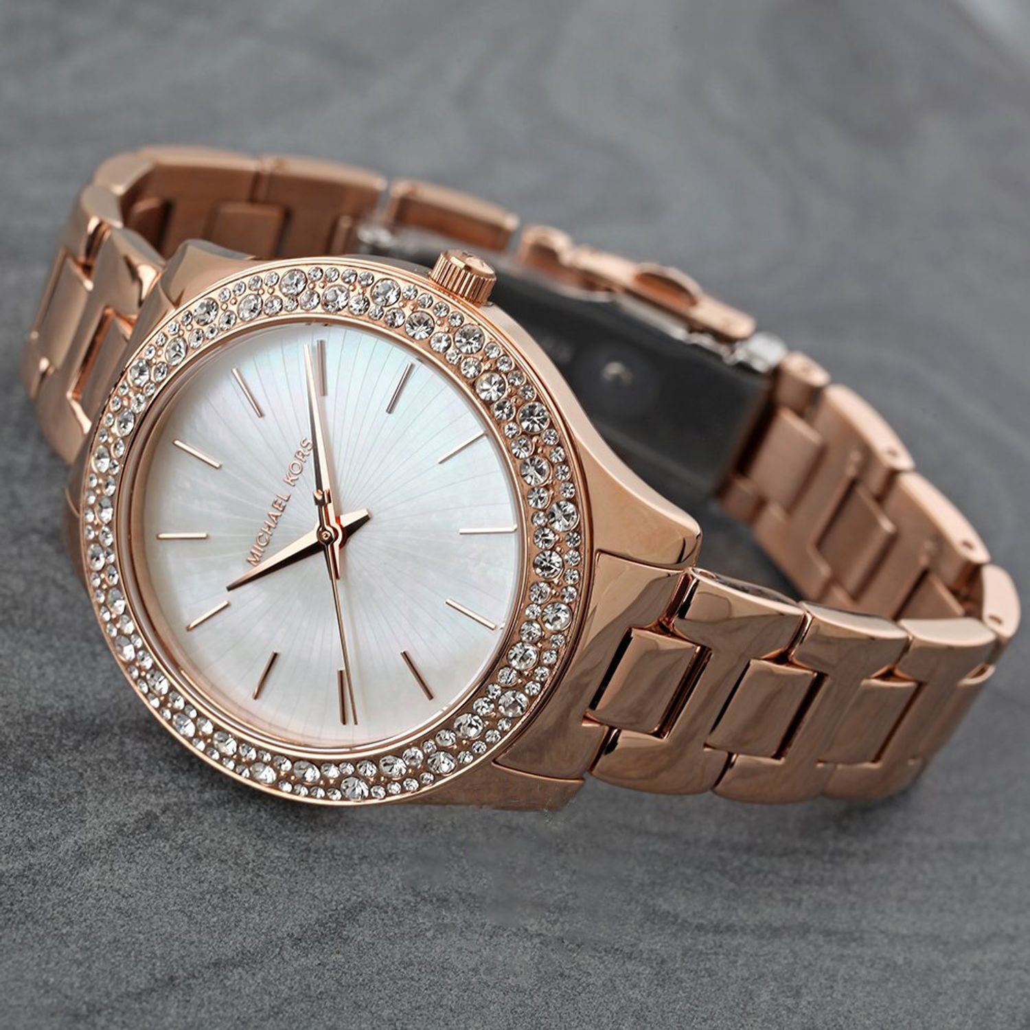  Shop Authentic Michael Kors Lilane Three Hand Mother of Pearl White Dial Rose Gold Steel Strap Watch For Women - MK4557 - Luxxuri