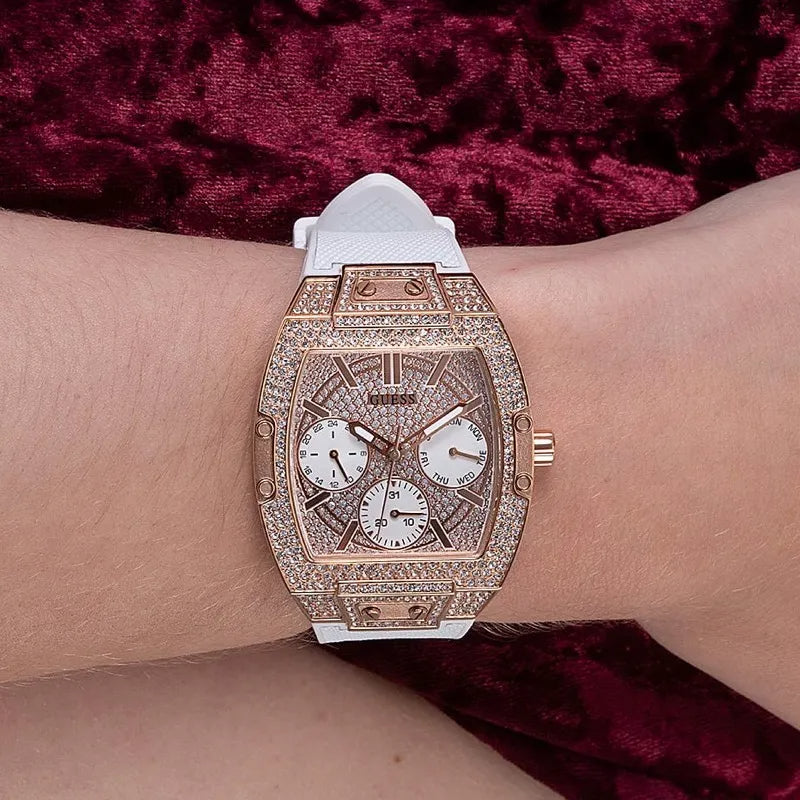  Shop Authentic Guess Raven Diamonds Rose Gold Dial White Silicone Strap Watch for Women - GW0105L3 - Luxxuri