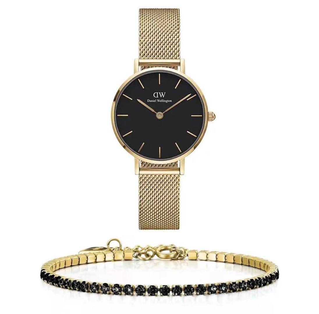  Shop Authentic Daniel Wellington Classic Petite Evergold Black Dial Gold Mesh Bracelet Watch For Women - DW00100349 - Luxxuri