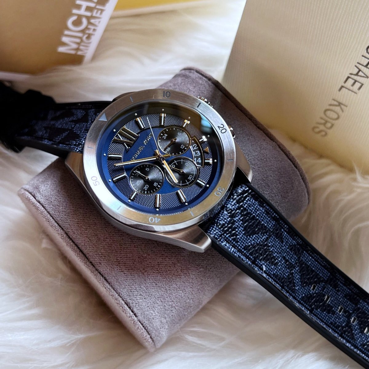  Shop Authentic Michael Kors Brecken Chronograph Blue Dial Blue Rubber Strap Watch For Men - MK8923 - Luxxuri