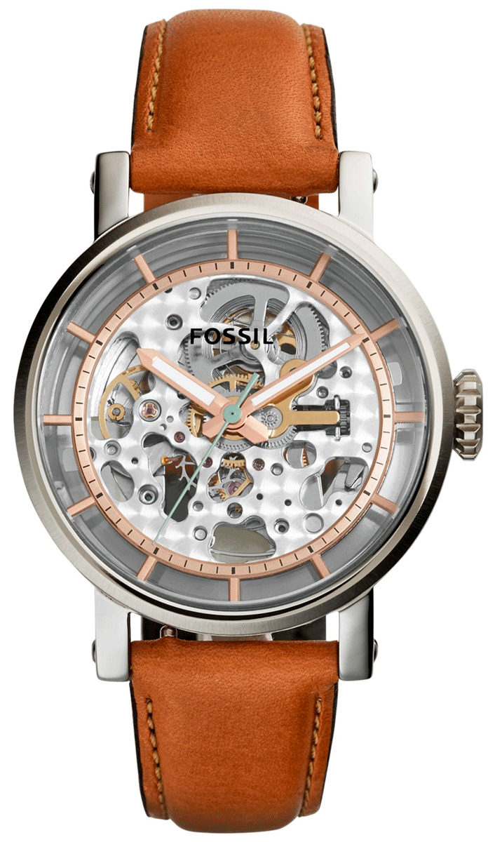  Shop Authentic Fossil Boyfriend Automatic Skeleton Silver Dial Brown Leather Strap Watch for Women - ME3109 - Luxxuri