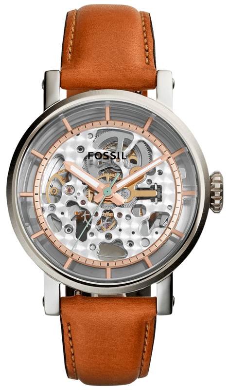  Shop Authentic Fossil Boyfriend Automatic Skeleton Silver Dial Brown Leather Strap Watch for Women - ME3109 - Luxxuri
