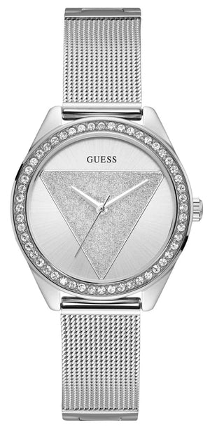  Shop Authentic Guess Tri Glitz Quartz Silver Dial Silver Mesh Bracelet Watch For Women - W1142L1 - Luxxuri