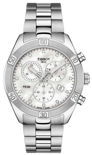  Shop Authentic Tissot PR 100 Sport Chic Chronograph Diamonds Mother of Pearl Dial Silver Steel Strap Watch for Women - T101.917.11.116.00 - Luxxuri