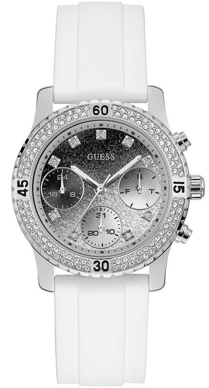  Shop Authentic Guess Confetti Crystal Black Dial White Silicone Strap Watch For Women - W1098L1 - Luxxuri