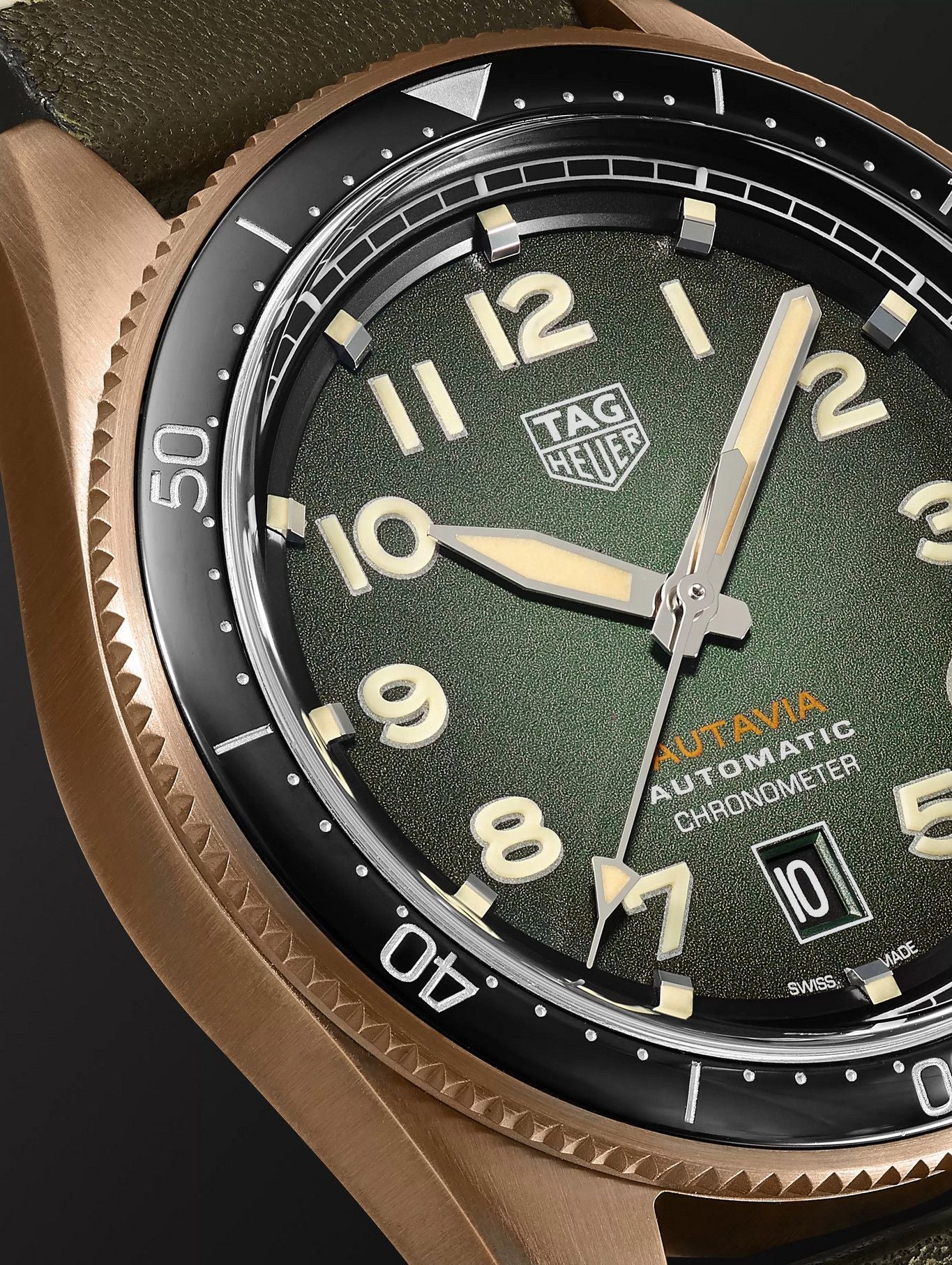 Tag Heuer Autavia Calibre 5 Automatic Olive Green Dial Green Leather Strap Watch for Men - WBE5190.FC8268