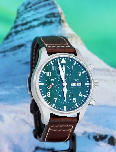  Shop Authentic IWC Pilot's Watch Chronograph Edition Racing Green 43mm Green Dial Brown Leather Strap Watch for Men - IW377726 - Luxxuri