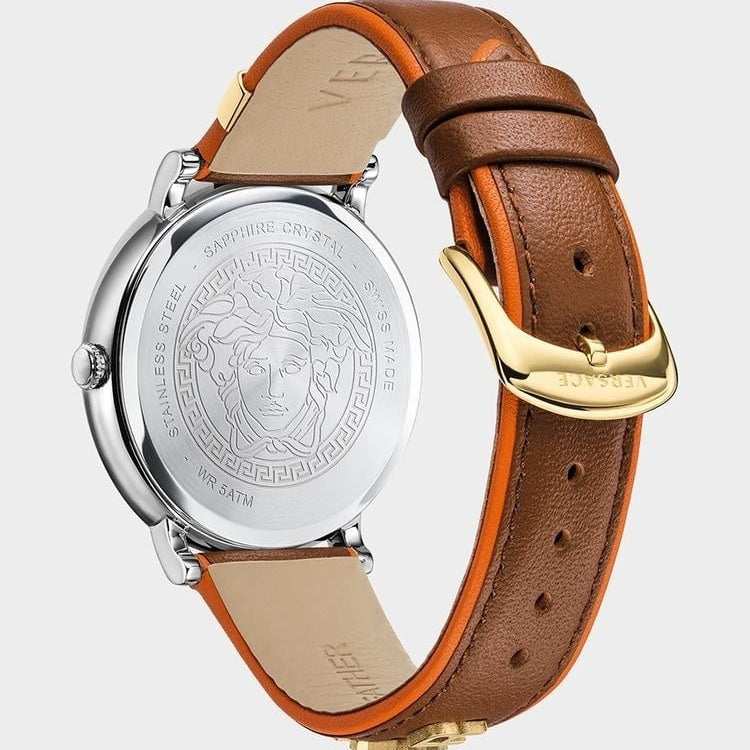 Versace V-Circle Quartz Mother of Pearl Dial Brown Leather Strap Watch for Women - VBP03017