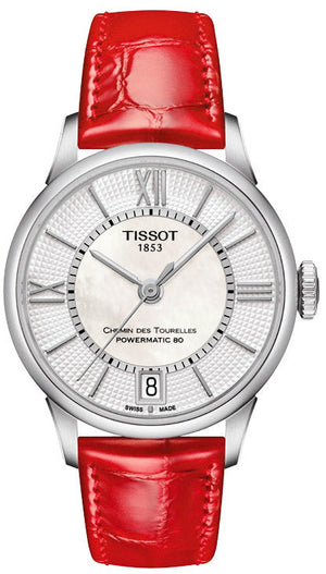  Shop Authentic Tissot Chemin Des Tourelles Powermatic 80 Mother of Pearl White Dial Red Leather Strap Watch For Women - T099.207.16.118.00 - Luxxuri