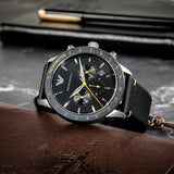 Shop Authentic Emporio Armani Mario Chronograph Black Dial Black Leather Strap Watch For Men - AR11325 - Luxxuri