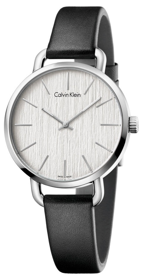  Shop Authentic Calvin Klein Even Silver Black Leather Strap Watch for Women - K7B231C6 - Luxxuri