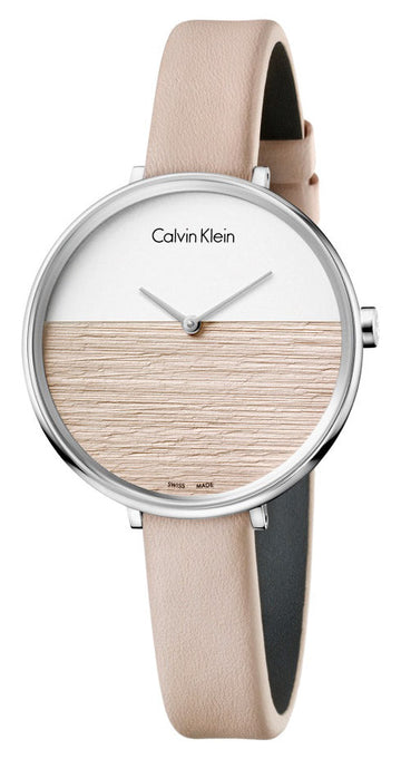  Shop Authentic Calvin Klein Rise White Beige Dial Beige Leather Strap Watch for Women - K7A231XH - Luxxuri