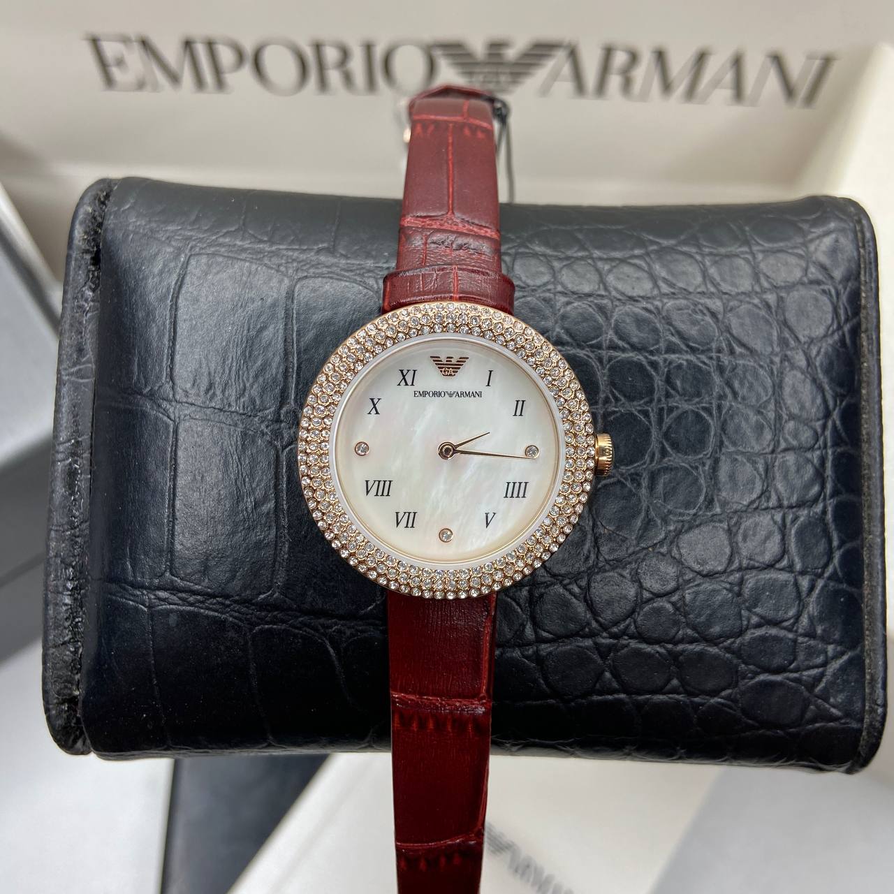  Shop Authentic Emporio Armani Rosa Two Hand White Dial Red Leather Strap Watch For Women - AR11357 - Luxxuri