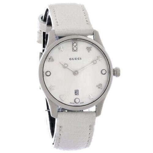 Gucci G-Timeless Mother of Pearl White Dial White Leather Strap Watch For Women - YA126597