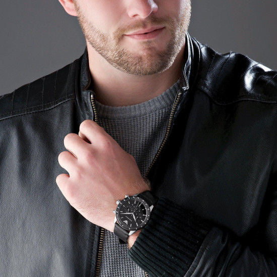  Shop Authentic Emporio Armani Mario Chronograph Black Dial Black Leather Strap Watch For Men - AR11243 - Luxxuri