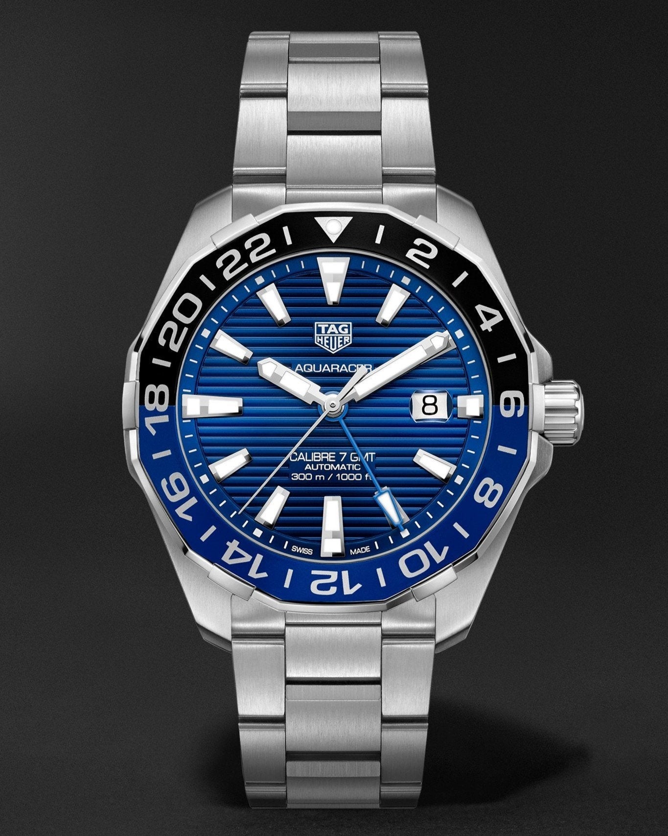 Tag Heuer Aquaracer GMT Calibre 6 Automatic Blue Dial Silver Steel Strap Watch for Men - WAY201T.BA0927