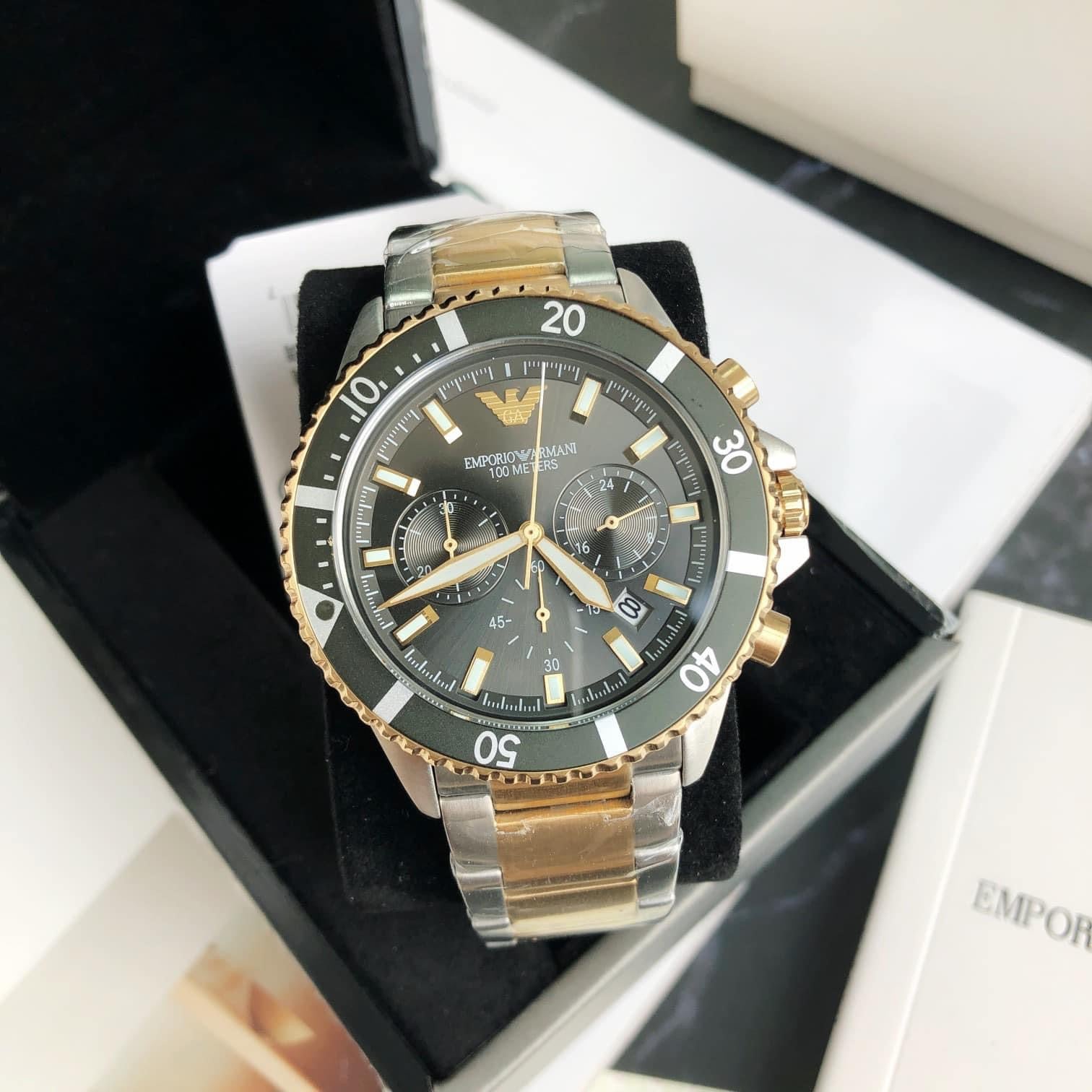  Shop Authentic Emporio Armani Diver Chronograph Green Dial Two Tone Steel Strap Watch For Men - AR11361 - Luxxuri