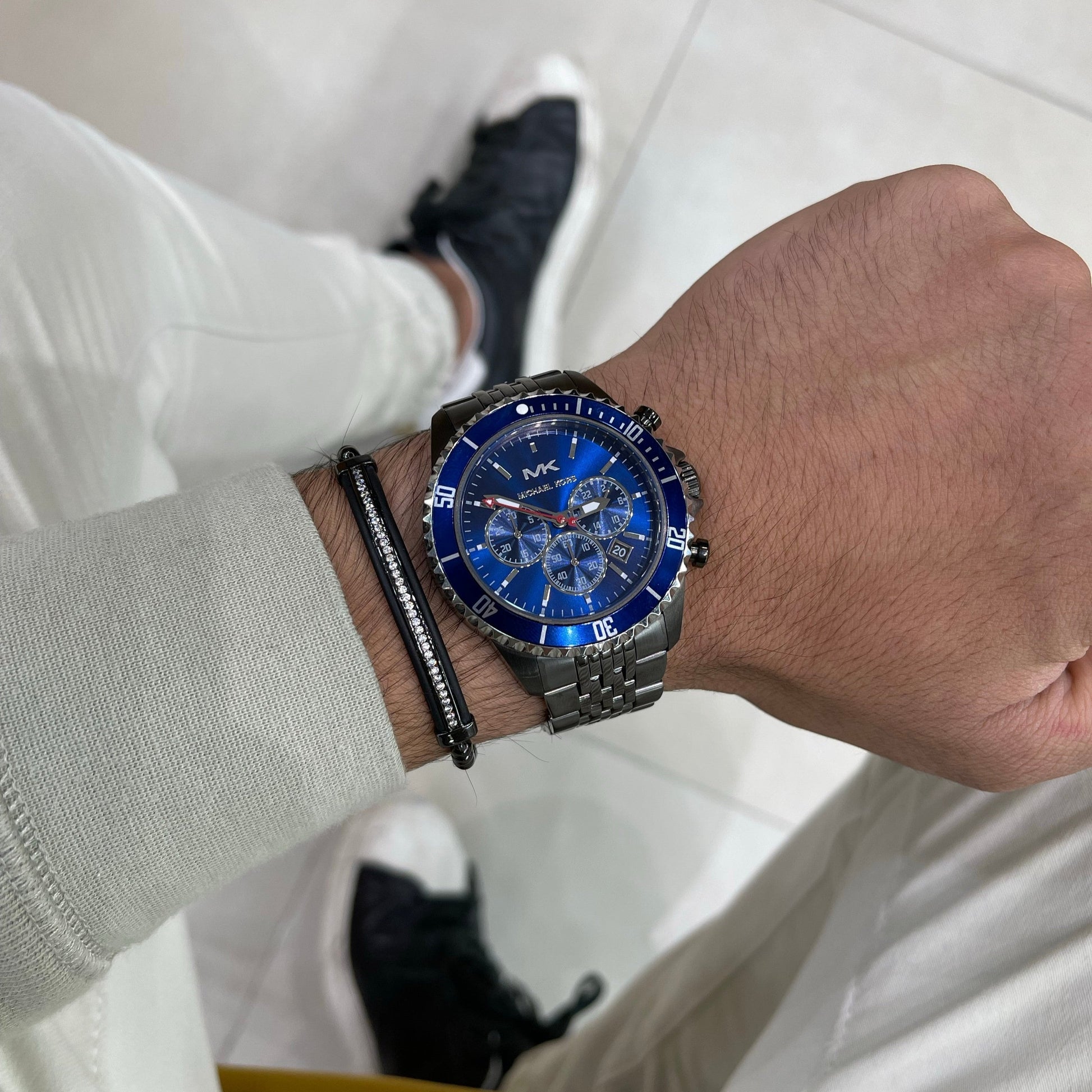  Shop Authentic Michael Kors Bayville Chronograph Blue Dial Grey Steel Strap Watch For Men - MK8727 - Luxxuri