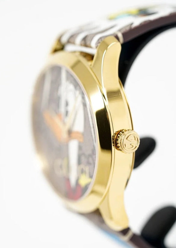  Shop Authentic Gucci G Timeless Disney Donald Duck Brown Dial Brown Leather Strap Watch For Women - YA1264167 - Luxxuri