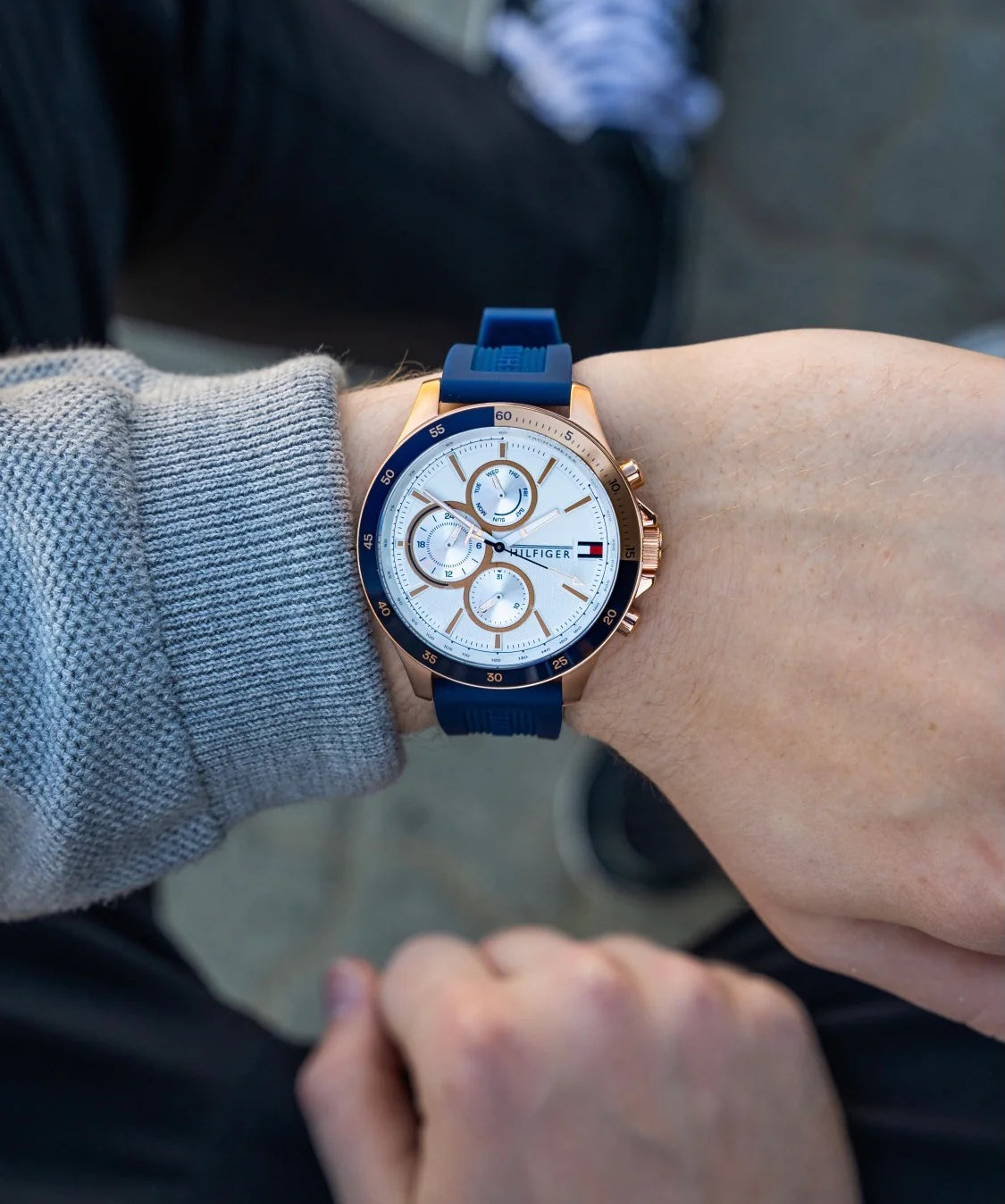  Shop Authentic Tommy Hilfiger Bank Multifunction Quartz White Dial Blue Rubber Strap Watch for Men - 1791778 - Luxxuri