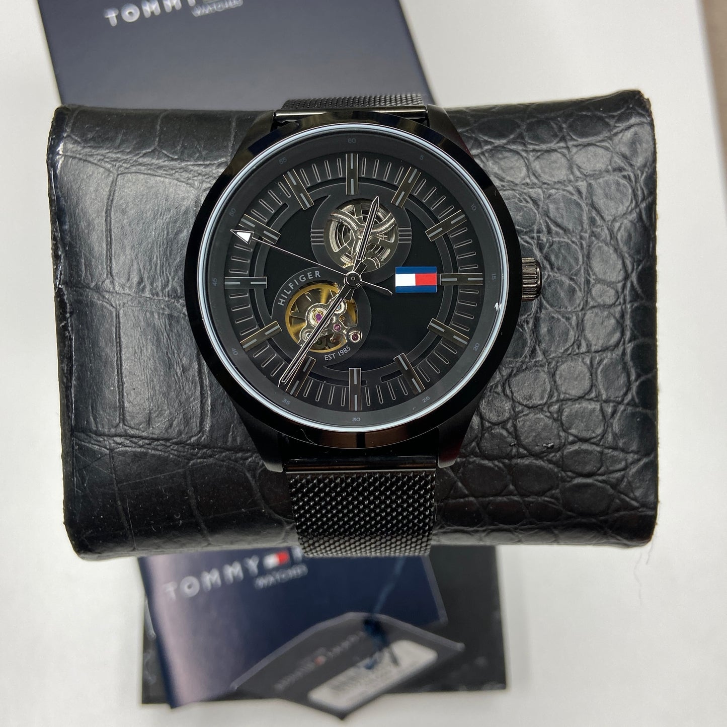  Shop Authentic Tommy Hilfiger Spencer Skeleton Black Dial Black Mesh Bracelet Watch for Men - 1791644 - Luxxuri