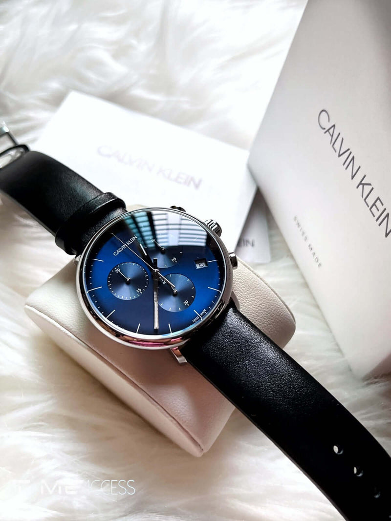  Shop Authentic Calvin Klein High Noon Chronograph Blue Dial Black Leather Strap Watch for Men - K8M271CN - Luxxuri
