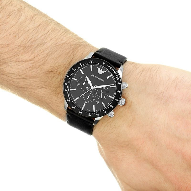  Shop Authentic Emporio Armani Mario Chronograph Black Dial Black Leather Strap Watch For Men - AR11243 - Luxxuri