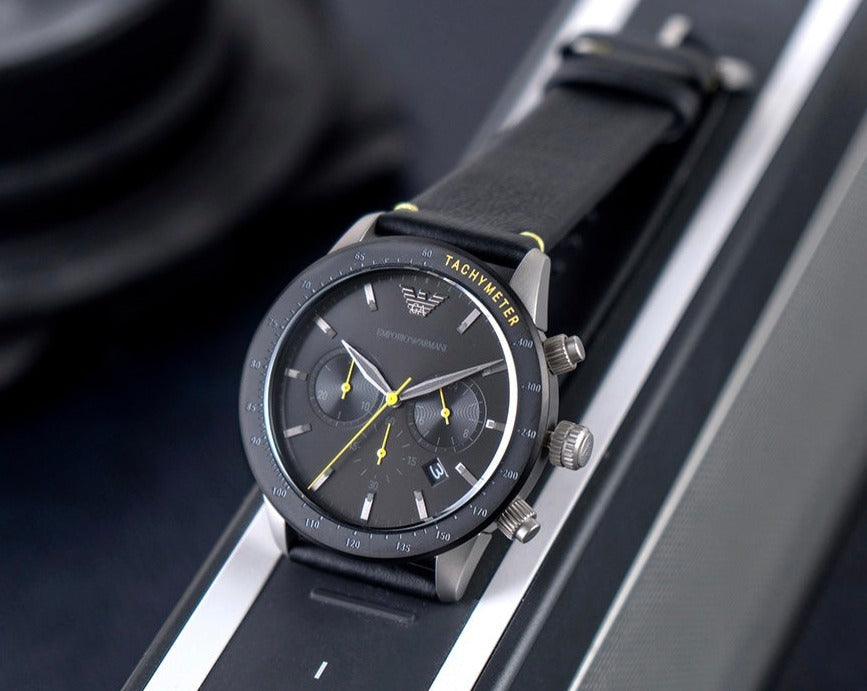  Shop Authentic Emporio Armani Mario Chronograph Black Dial Black Leather Strap Watch For Men - AR11325 - Luxxuri