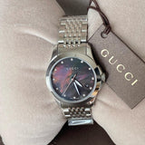  Shop Authentic Gucci G Timeless Diamonds Mother of Pearl Black Dial Silver Steel Strap Watch For Women - YA126505 - Luxxuri