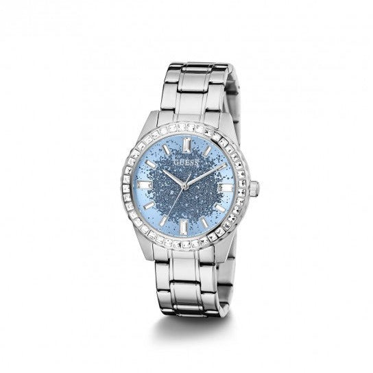  Shop Authentic Guess Glitter Burst Diamonds Blue Dial Silver Steel Strap Watch for Women - GW0405L1 - Luxxuri