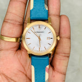  Shop Authentic Burberry The City Gold Dial Blue Leather Strap Watch for Women - BU9018 - Luxxuri