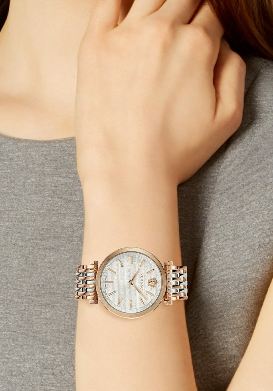  Shop Authentic Versace V-Twist White Dial Two Tone Mesh Bracelet Watch for Women - VELS00719 - Luxxuri