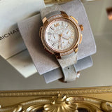  Shop Authentic Michael Kors Sidney Chronograph White Dial Beige Leather Strap Watch For Women - MK6949 - Luxxuri