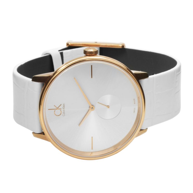  Shop Authentic Calvin Klein Accent Silver Dial White Leather Strap Watch for Women - K2Y216K6 - Luxxuri