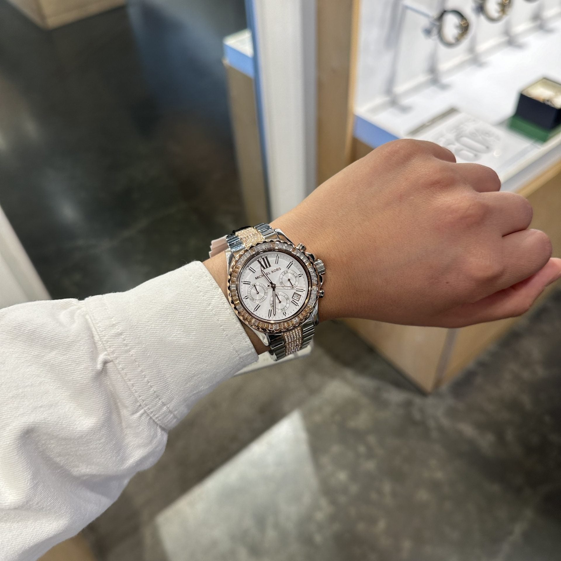  Shop Authentic Michael Kors Everest Chronograph Silver Dial Two Tone Steel Strap Watch For Women - MK6975 - Luxxuri