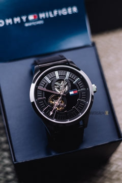  Shop Authentic Tommy Hilfiger Spencer Skeleton Black Dial Black Leather Strap Watch for Men - 1791641 - Luxxuri