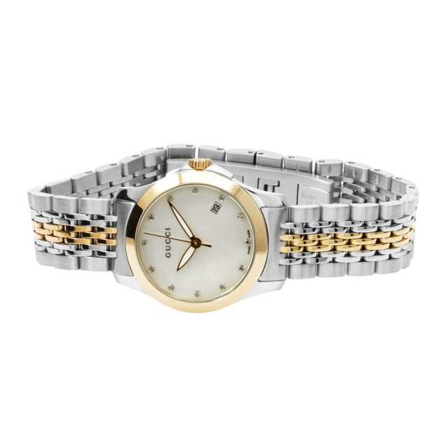  Shop Authentic Gucci G Timeless Diamonds Mother of Pearl Dial Two Tone Mesh Bracelet Watch for Women - YA126513 - Luxxuri