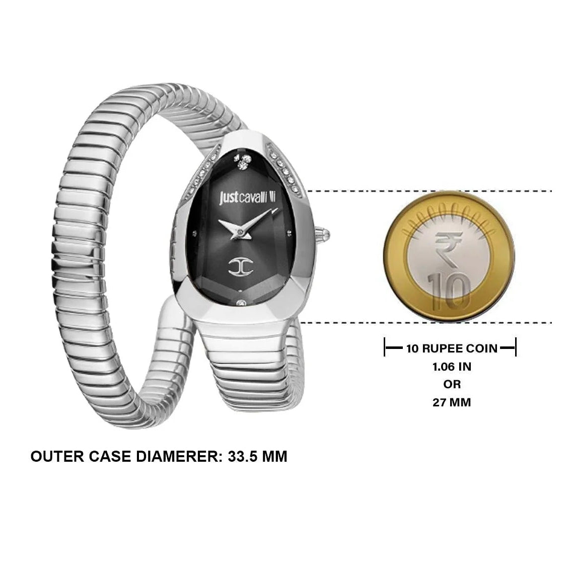 Just Cavalli Serpente Metallica Black Dial Silver Steel Strap Watch for Women - JC1L208M0025