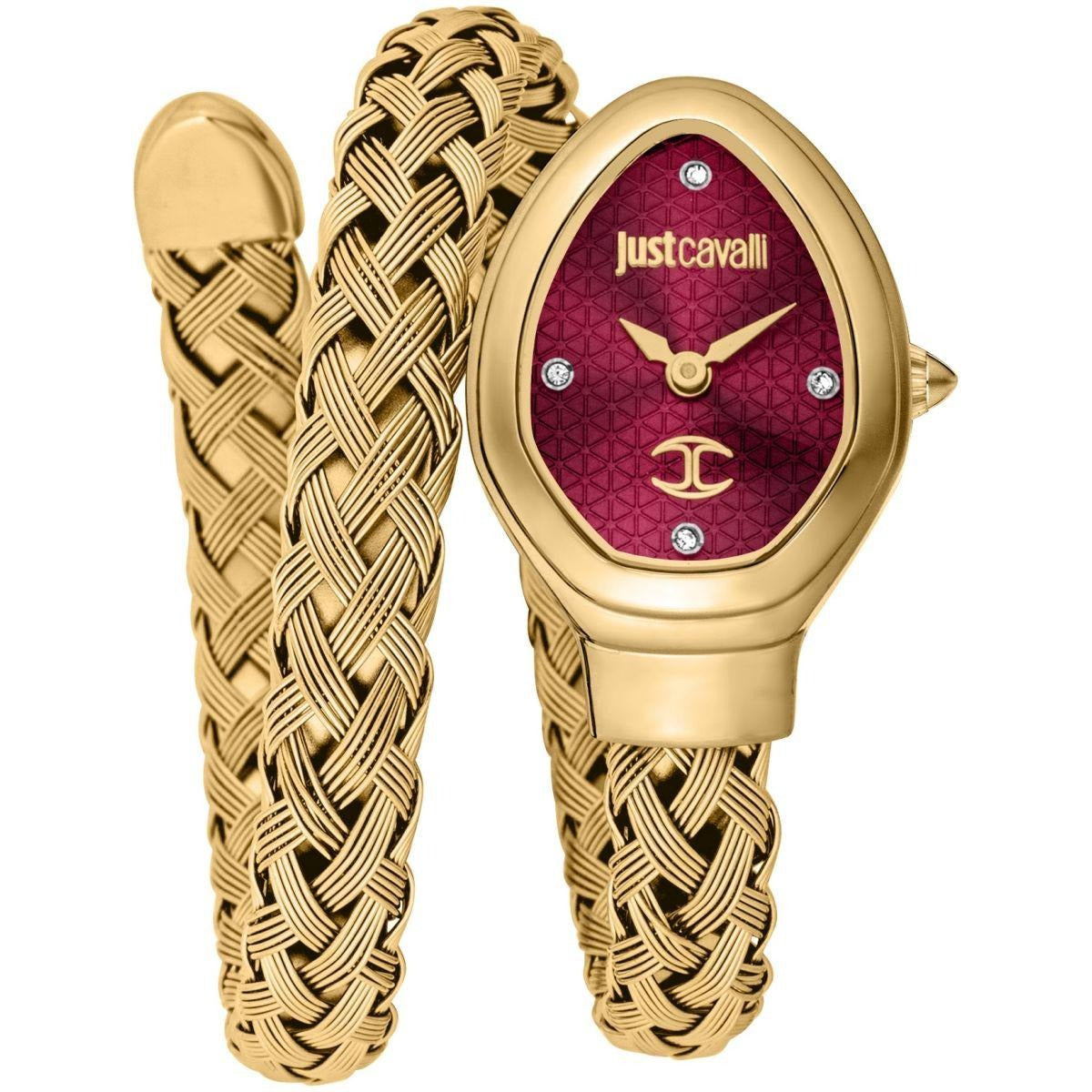 Just Cavalli Novara Red Dial Gold Steel Strap Watch for Women - JC1L264M0035