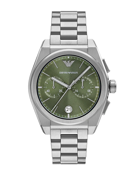  Shop Authentic Emporio Armani Federico Chronograph Green Dial Silver Steel Strap Watch for Men - AR11640 - Luxxuri