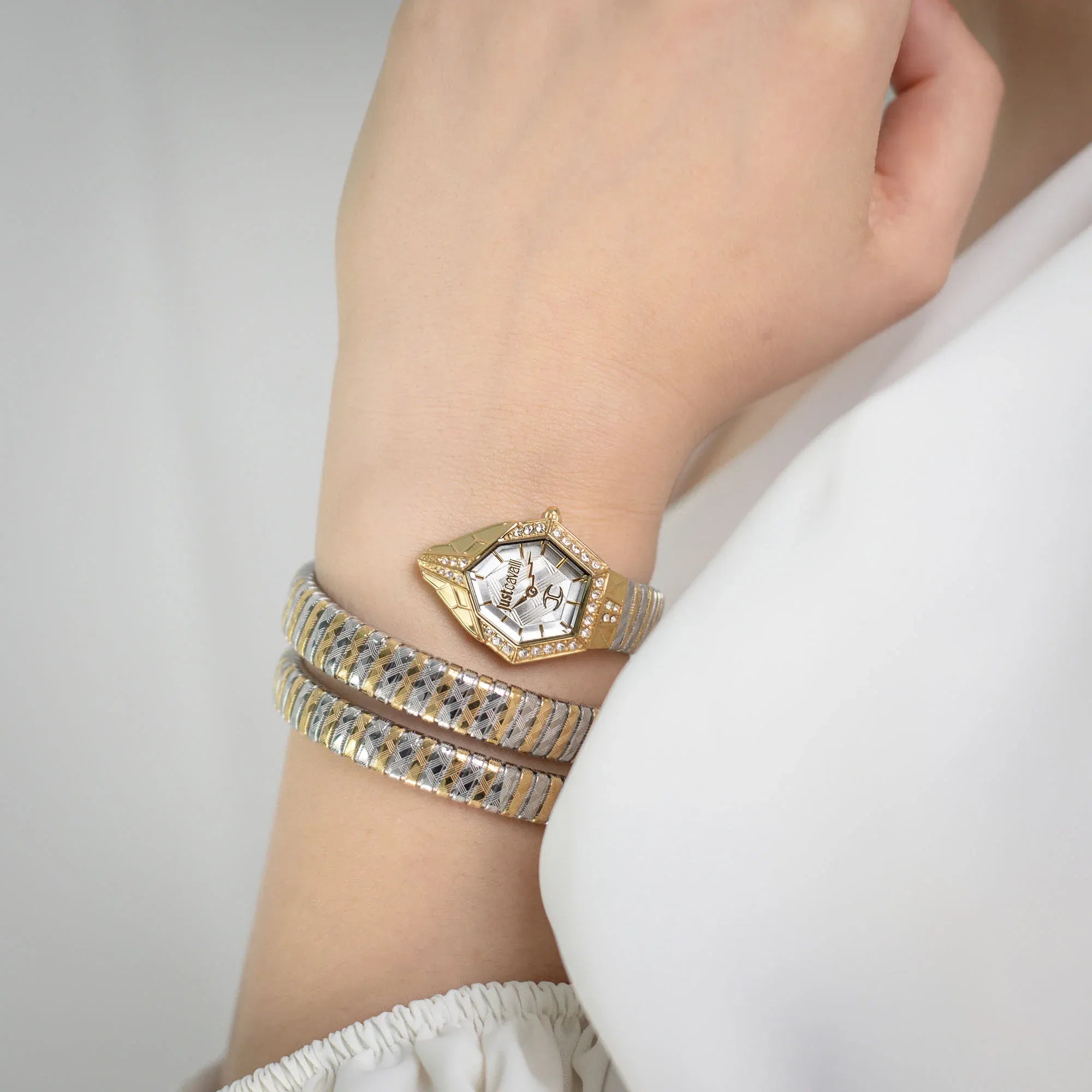 Just Cavalli Mesmerizing White Dial Two Tone Steel Strap Watch for Women - JC1L304M0055